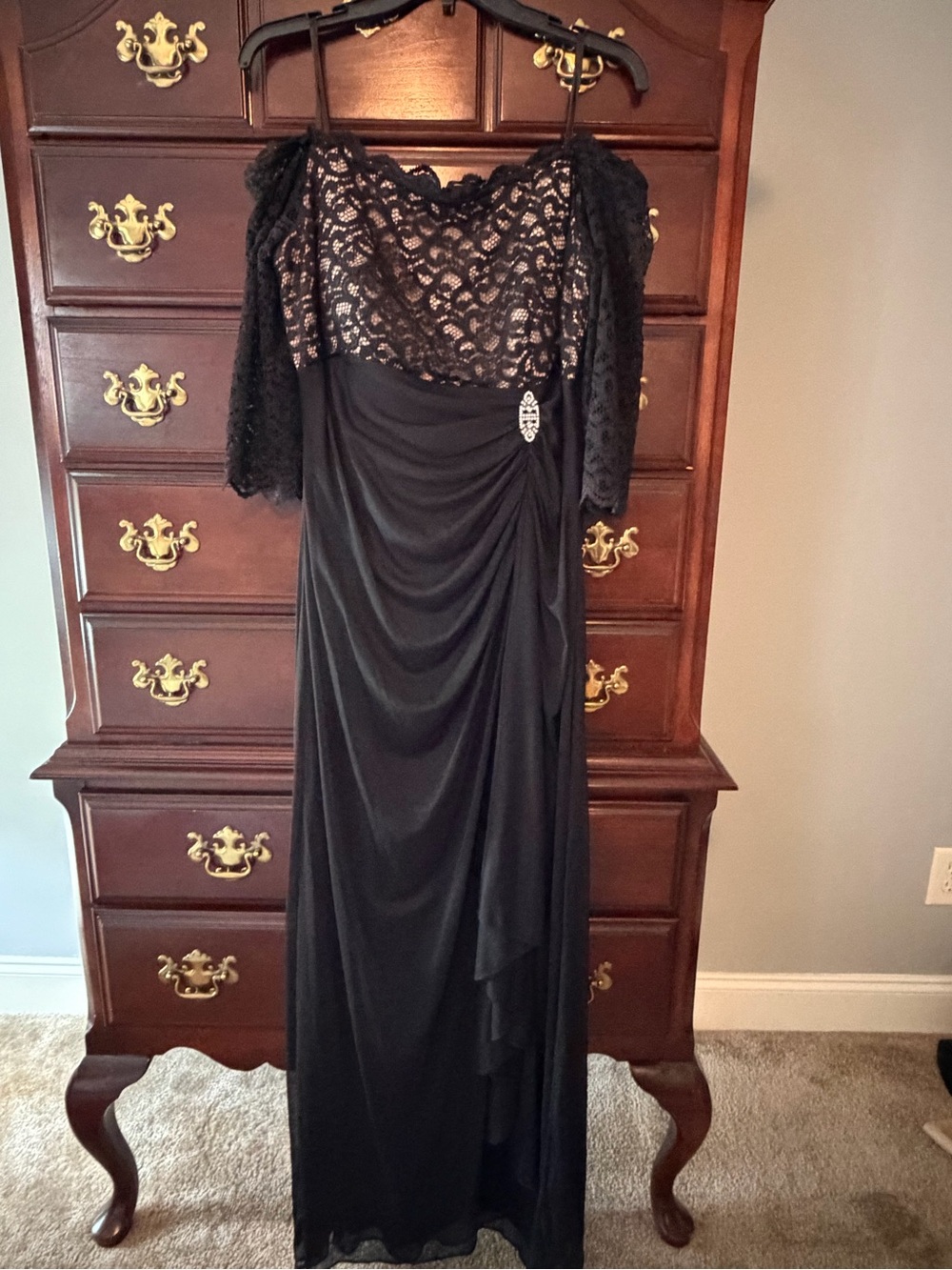 Adam Black Lace-Top Maxi Dress with Brooch Accent